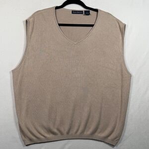 Barry Bricken 100% Silk Sweater Vest Mens Large Tan V Neck Knit Classic Golf